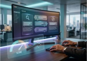 Analyst reviewing AI search visibility dashboard showing Google AI Overviews, ChatGPT, and Perplexity tracking on a curved monitor.