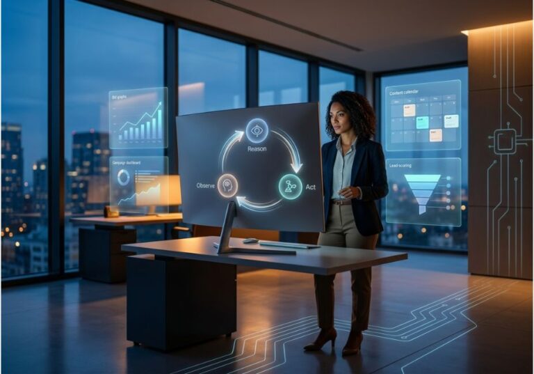 Marketing professional reviewing an AI agent's observe-reason-act loop on screen in a modern office.
