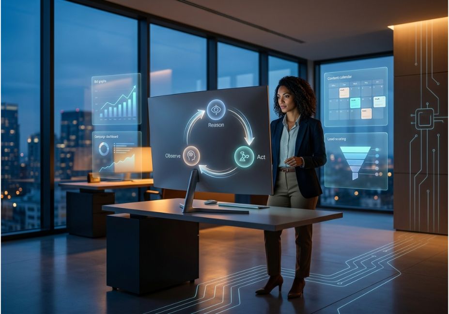 Marketing professional reviewing an AI agent's observe-reason-act loop on screen in a modern office.