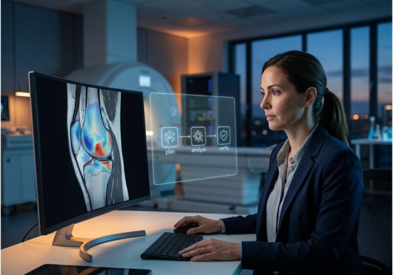 Radiologist reviewing AI-analyzed knee MRI scan for cartilage damage on monitor.