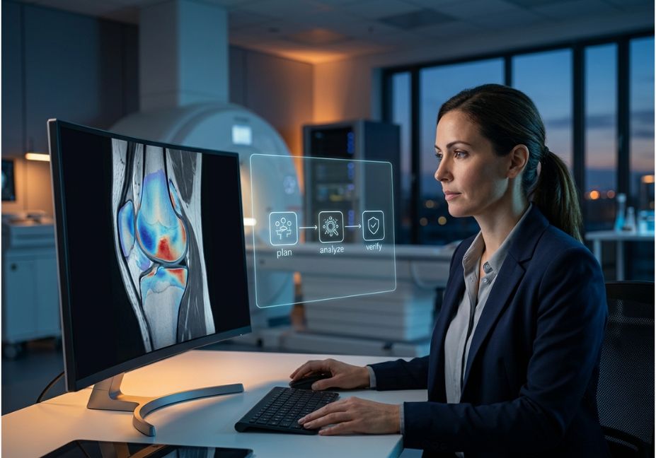 Radiologist reviewing AI-analyzed knee MRI scan for cartilage damage on monitor.