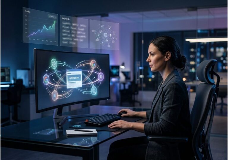 AI search optimization specialist analyzing organic traffic and keyword data on a dashboard showing AI search engine visibility.