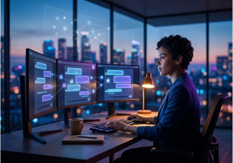 Analyst monitoring AI search visibility across multiple chat interfaces on a multi-monitor setup at night.