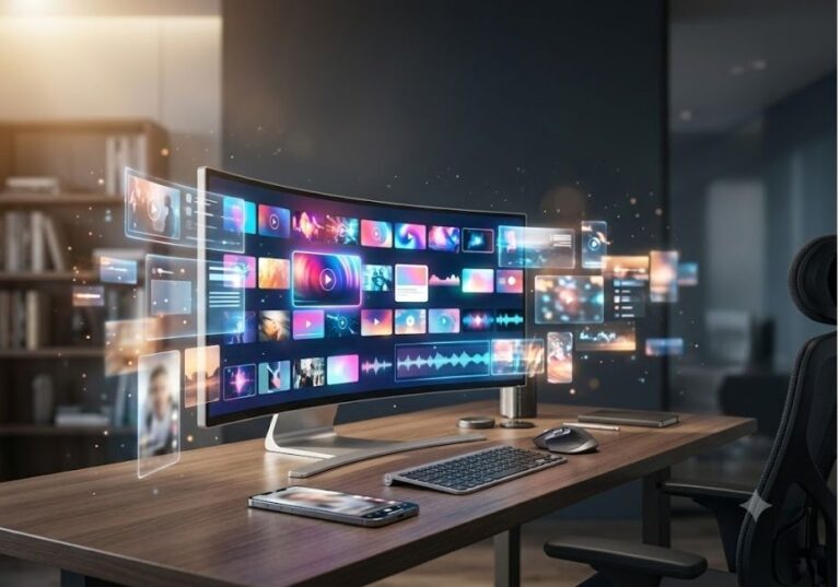 ai tools social media content creation posts video ads 2026 – modern marketing workspace with AI-generated video content on screen