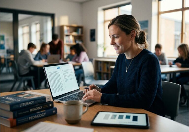 Teacher using AI tool on laptop to adjust text Lexile level in classroom