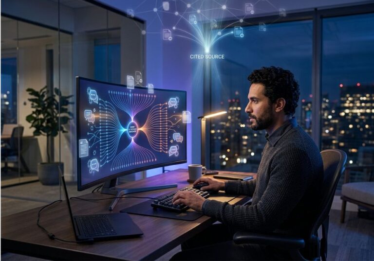 Professional working at desk with glowing AI citation network graphic showing content being cited as a source