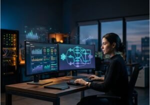 Analyst reviewing AI agent evaluation dashboard and neural network flow diagram on dual monitors