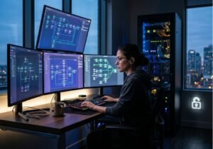 Developer monitoring self-hosted AI automation workflows across multiple orchestration dashboards