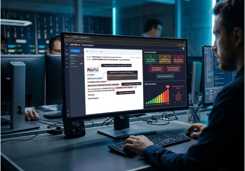 AI cybersecurity system analyzing a phishing email.