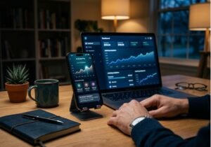 Person reviewing AI budgeting app on smartphone and portfolio growth dashboard on laptop at home desk