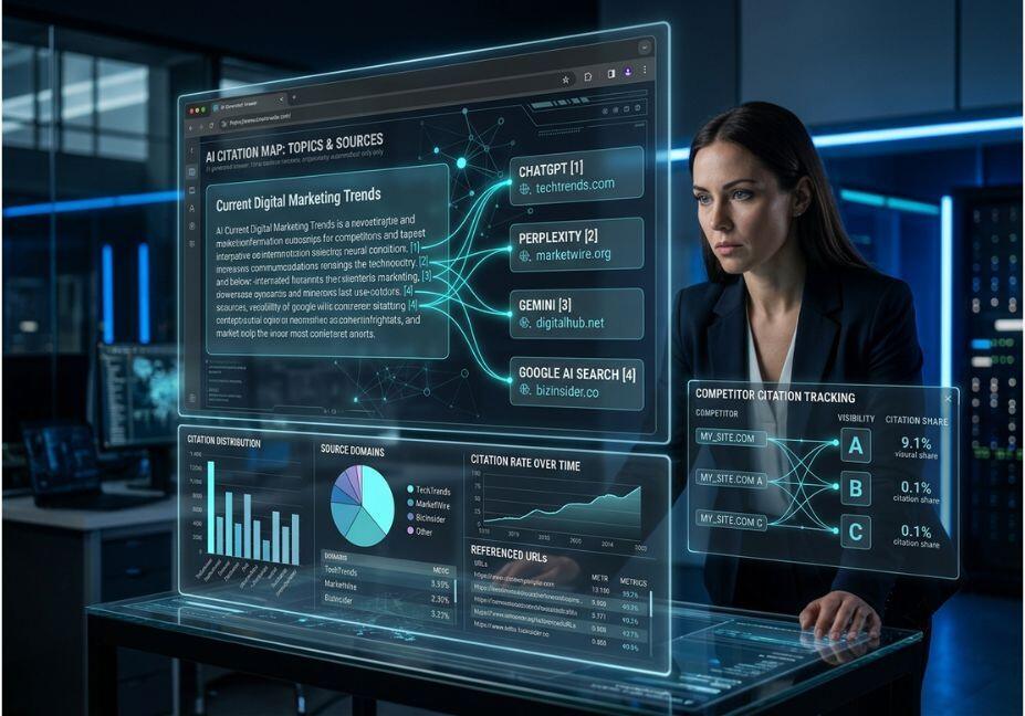 AI citation tracking dashboard with competitor source analysis