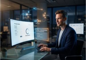 Professional using AI insurance quote generator tool showing real-time pricing dashboard