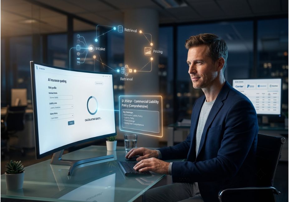 Professional using AI insurance quote generator tool showing real-time pricing dashboard