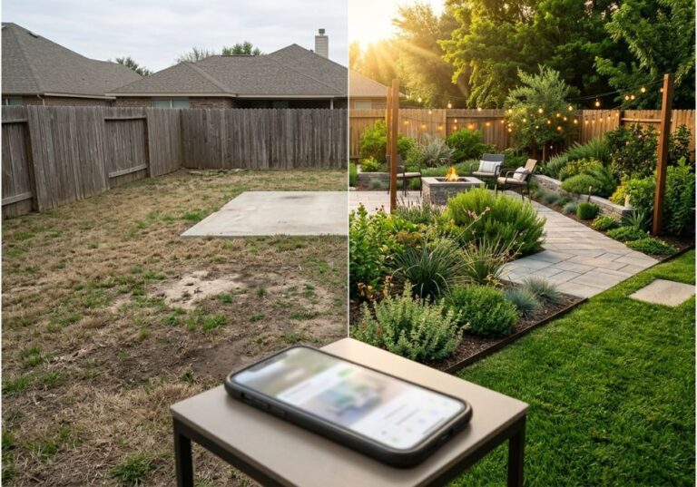 Before and after backyard transformation using AI landscape design tool on smartphone