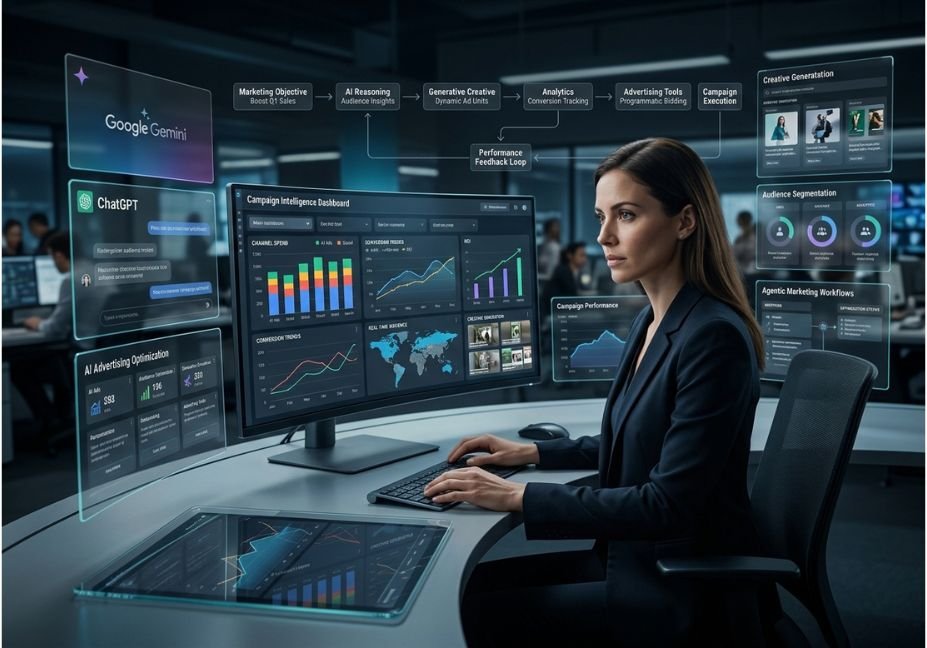 AI marketing dashboard with Gemini, ChatGPT, analytics, and campaign optimization.