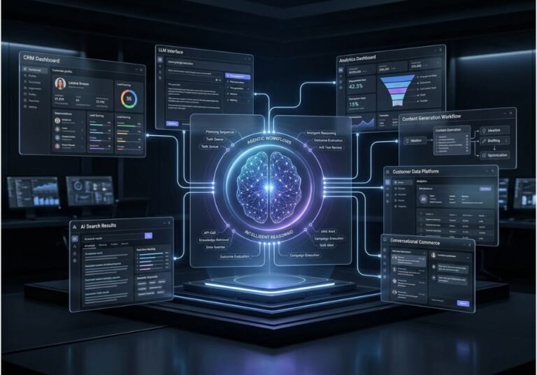 Futuristic AI brain connected to CRM, analytics, search, content generation, customer data, and conversational commerce dashboards.