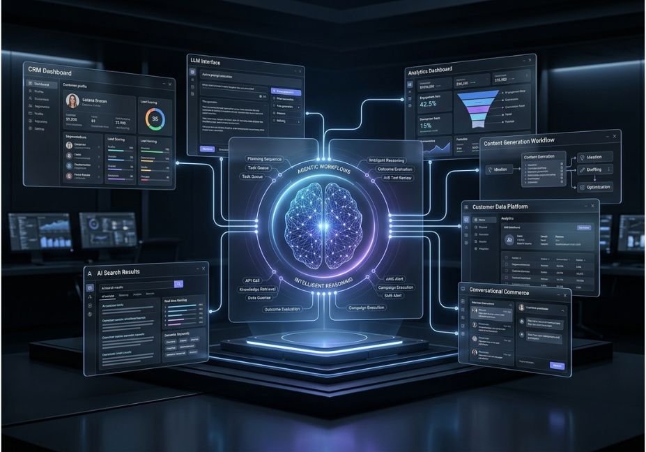 Futuristic AI brain connected to CRM, analytics, search, content generation, customer data, and conversational commerce dashboards.