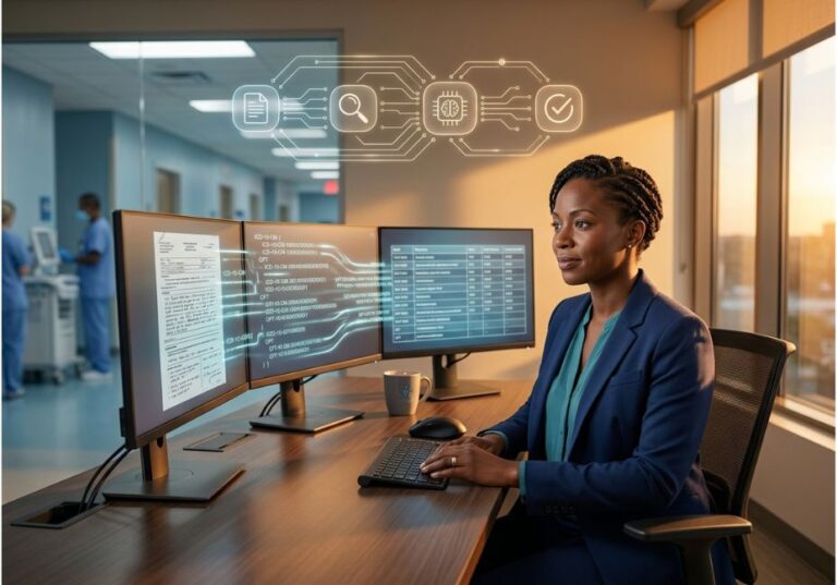 Healthcare professional using AI medical mapping tool to process clinical codes on multiple monitors