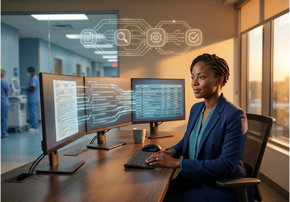 Healthcare professional using AI medical mapping tool to process clinical codes on multiple monitors