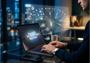 AI-powered content analysis and citation mapping displayed on a laptop in a modern workspace.