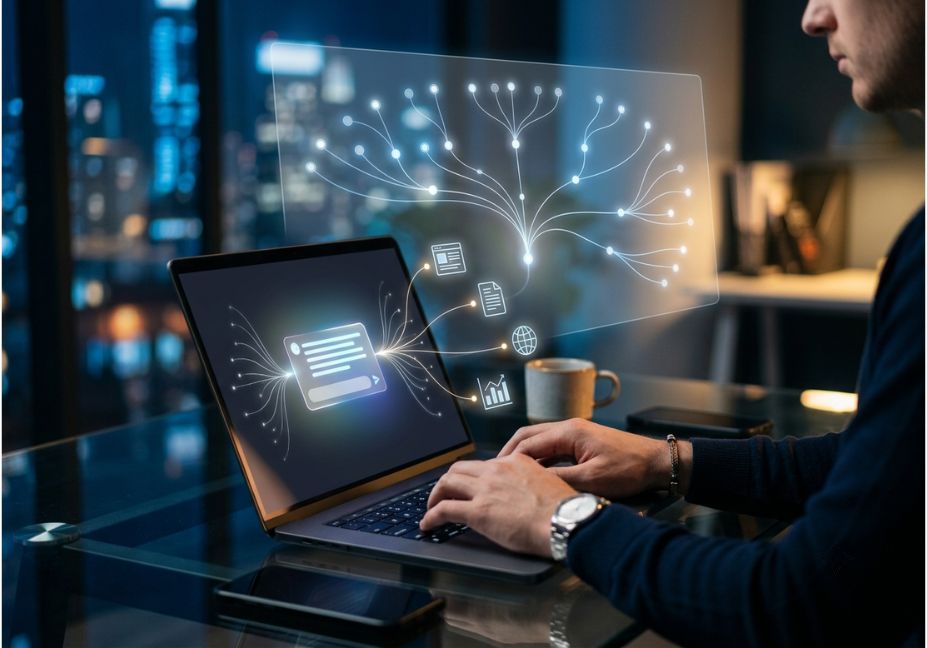 AI-powered content analysis and citation mapping displayed on a laptop in a modern workspace.