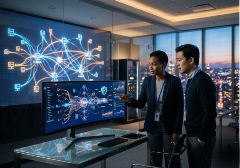Two AI engineers reviewing an AI model governance dashboard on a large monitor in a modern office