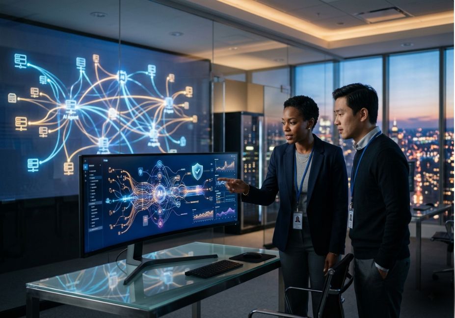 Two AI engineers reviewing an AI model governance dashboard on a large monitor in a modern office