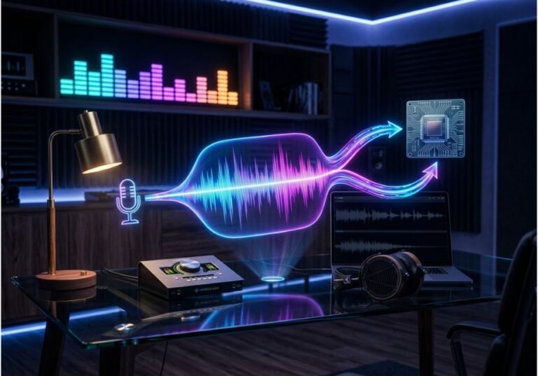 Futuristic music studio with glowing waveform splitting toward a microphone and a computer chip, symbolizing AI music generation tools in 2026