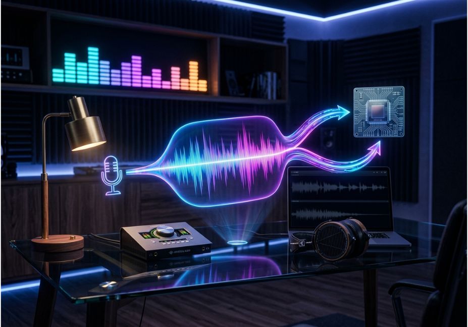 Futuristic music studio with glowing waveform splitting toward a microphone and a computer chip, symbolizing AI music generation tools in 2026