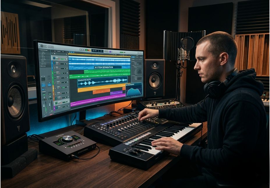 AI music producer using AI-powered music production tools in a studio