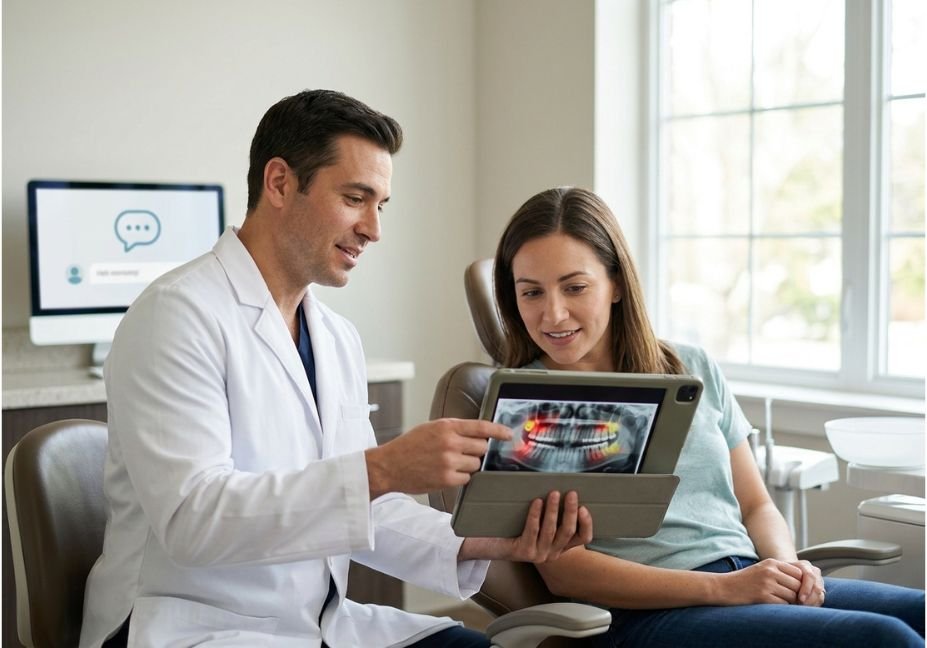 Dentist showing AI-annotated dental X-ray on tablet to patient during consultation
