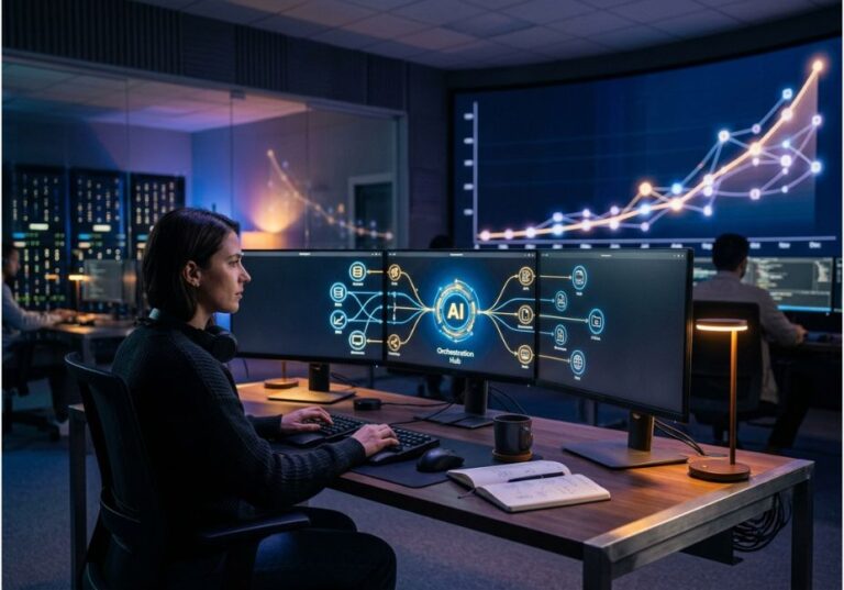 AI agent orchestration hub in a modern control room