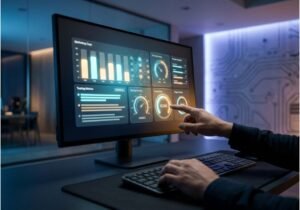 Professional using an AI dashboard to score marketing copy effectiveness on a glowing monitor