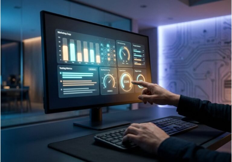 Professional using an AI dashboard to score marketing copy effectiveness on a glowing monitor