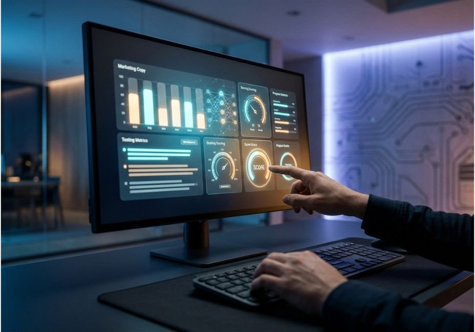 Professional using an AI dashboard to score marketing copy effectiveness on a glowing monitor
