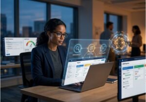 Sales professional using AI SDR tool dashboard with research, scoring, and outreach automation on laptop screen