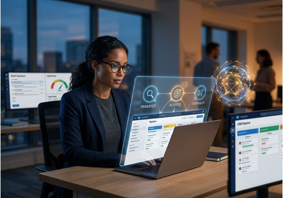 Sales professional using AI SDR tool dashboard with research, scoring, and outreach automation on laptop screen