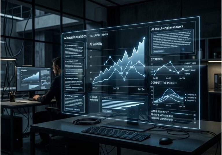 AI search analytics dashboard showing historical visibility and citation trends.