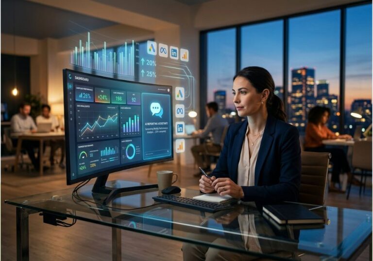 Marketing agency account manager reviewing an AI-powered client reporting dashboard on a monitor in a modern office at dusk