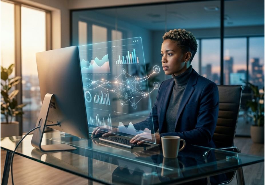 Business analyst reviewing AI-powered data dashboards and analytics on a transparent screen