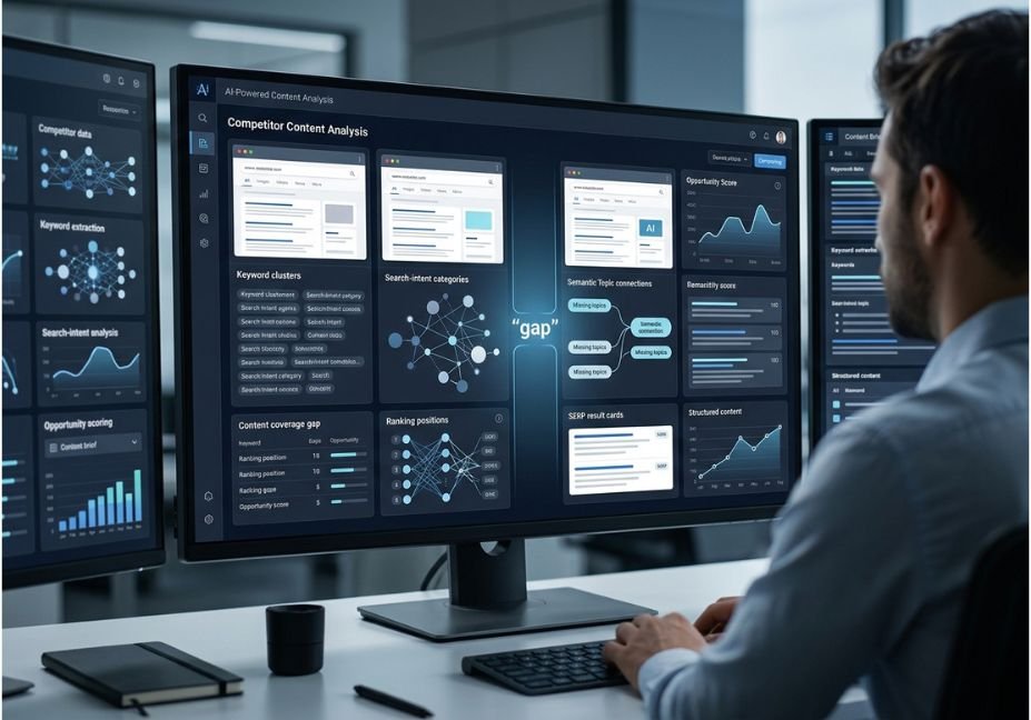 AI-powered content gap analysis dashboard with competitor data, keyword clusters, and opportunity scoring.