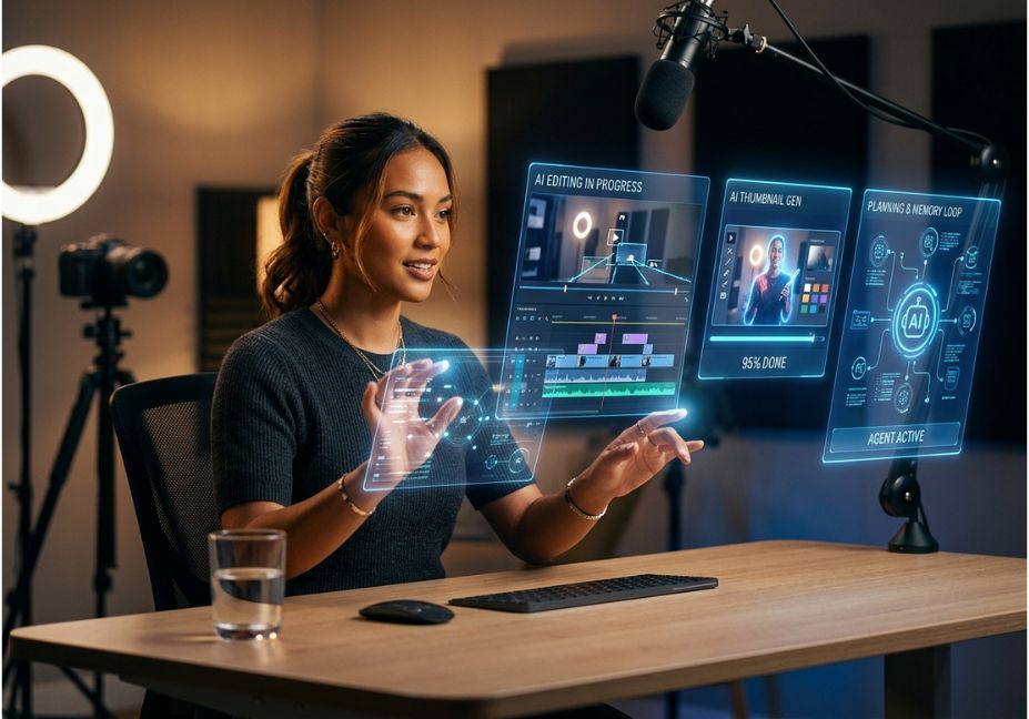 Content creator using AI-powered editing tools and virtual workflow interface in a modern studio.
