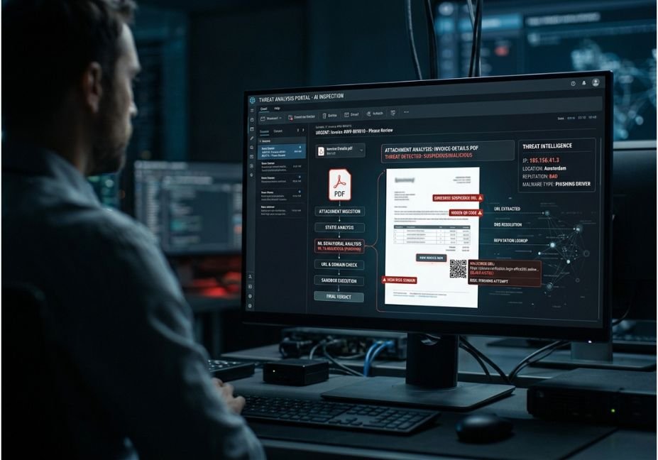 AI-powered phishing attachment detection in a cybersecurity operations center.