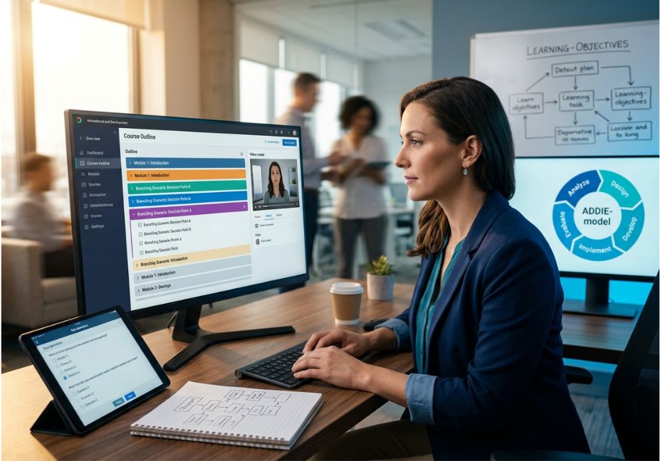 Instructional designer using AI tools to build a course outline and training video on a computer screen