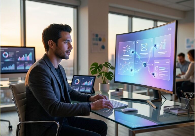 Marketer using an AI marketing dashboard with automated campaign insights on a curved monitor