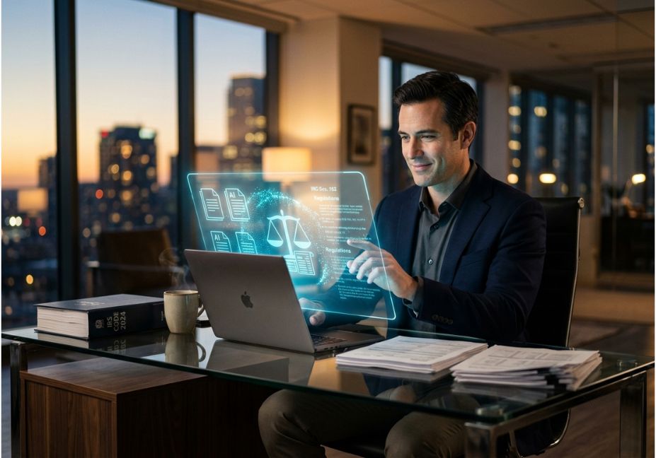 Tax professional using AI-powered research assistant on laptop in modern office