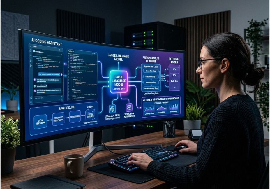 AI developer using a coding assistant with an LLM, agent tools, RAG, and automation dashboard.