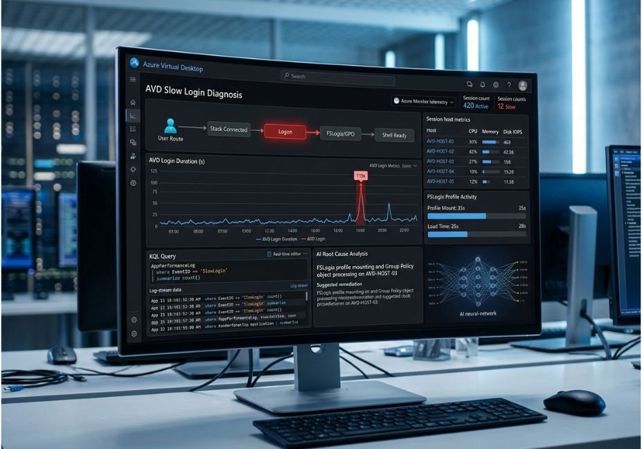 AI tools diagnosing slow Azure Virtual Desktop logins on a monitoring dashboard.