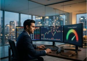 Trader monitoring AI sentiment dashboard and candlestick charts on multiple trading screens