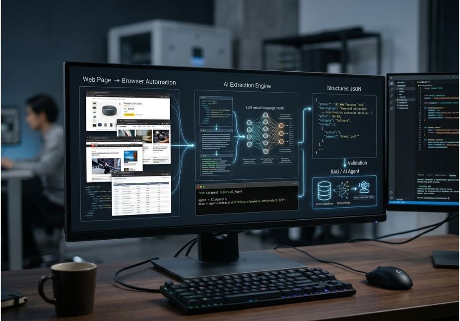 AI web scraping workflow on a developer monitor